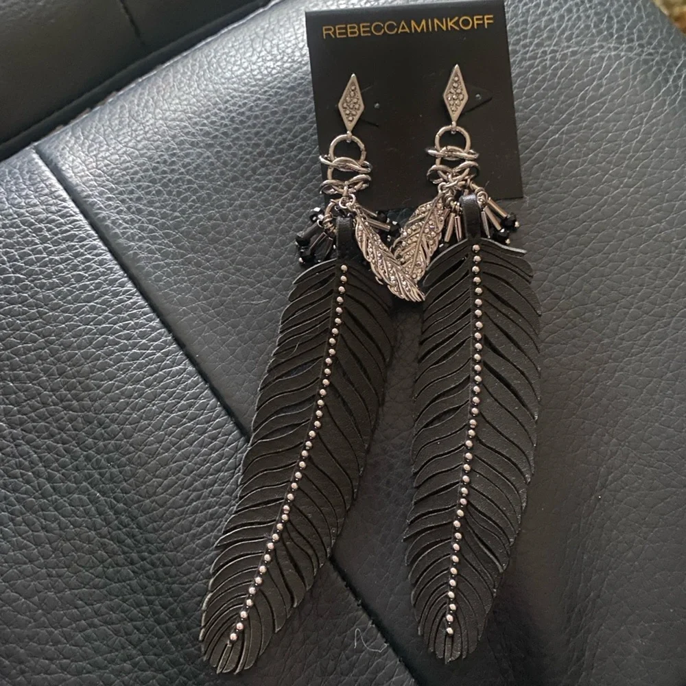 Rebecca Minkoff Leather Feather Earrings Black Feather and Crystals - Picture 6 of 6